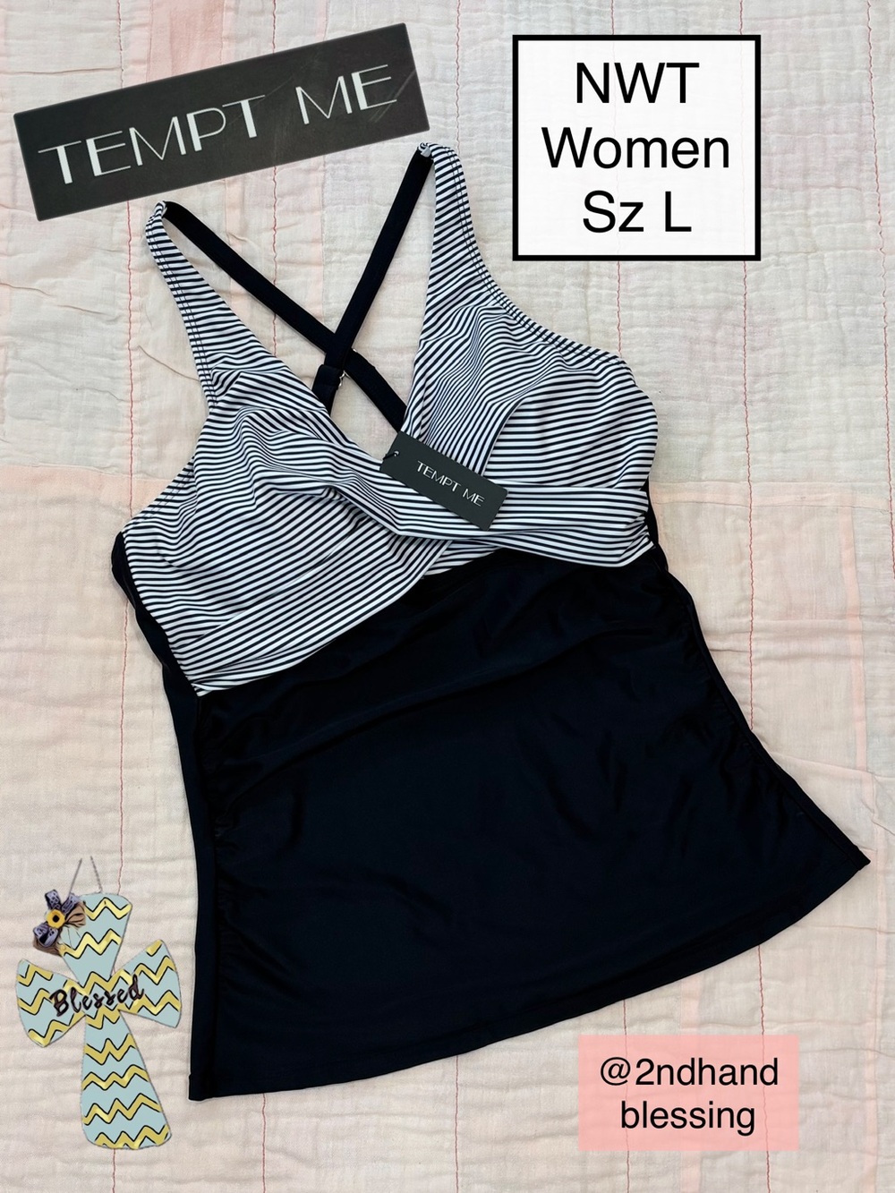 NWT Tempt Me Striped Black & White Tankini Swim Top Women Sz L, Criss Cross Back